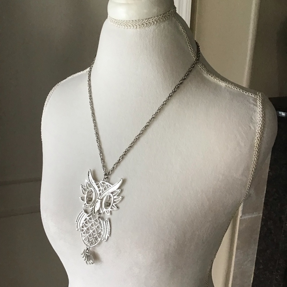 Vintage Owl Pendant Statement Necklace Silver Tone Rhinestone Eyes Articulated